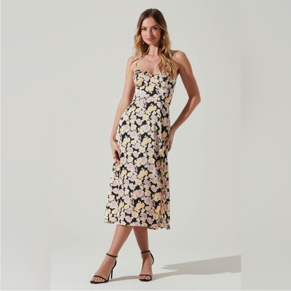 Astr Black Floral Backless Midi Dress with Pink and Yellow Flowers
